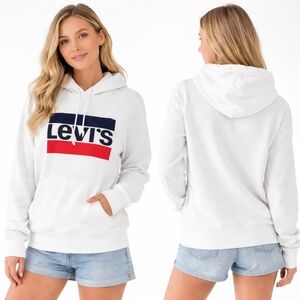 LEVIS Hoodie Womens Large White Red Blue Logo Graphic Streetwear Athleisure
